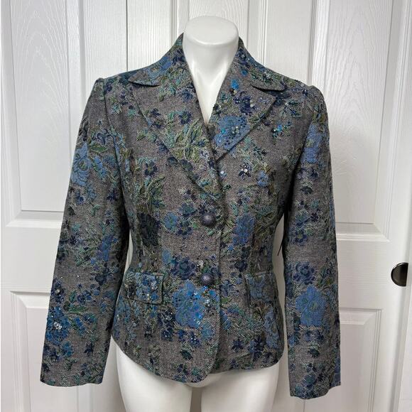Lovely by Mitchell Gross Women's Blue Floral Tweed Embellished Blazer Size 6 NWT - Picture 1 of 10